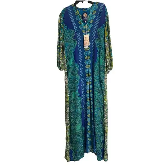 Johnny Was 100% Silk Kahinu Kaftan Boho Arstsy Maxi Dress Blue Green S NWT - Picture 6 of 10
